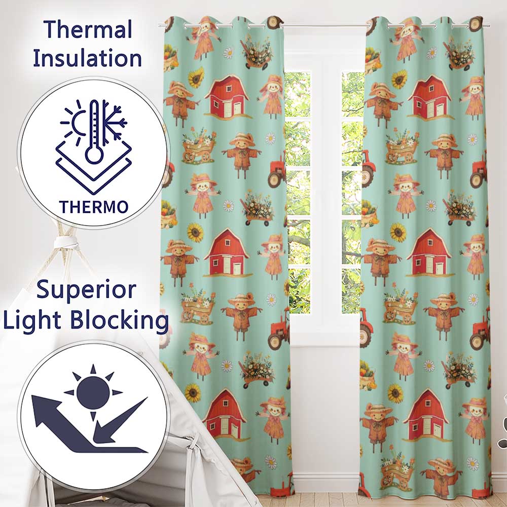 Cute Autumn Farm Barn Scarecrow Sunflower Floral Teal Seamless Pattern Readymade Eyelet Ring Top Thermal 100% Blackout Curtains