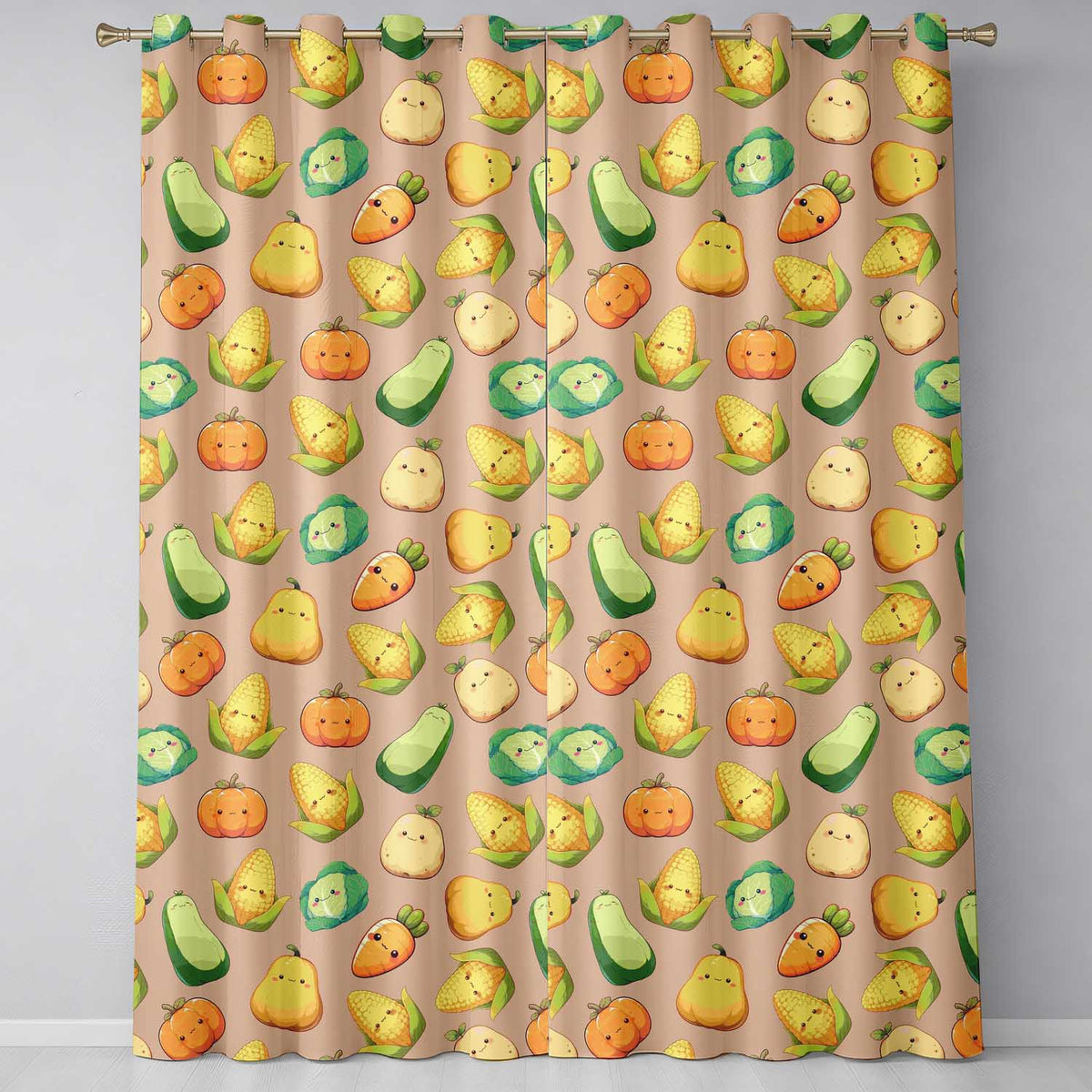Cute Kawaii Autumn Vegetables Corn Pumpkin Carrot Peach Seamless Pattern Readymade Eyelet Ring Top Thermal 100% Blackout Curtains