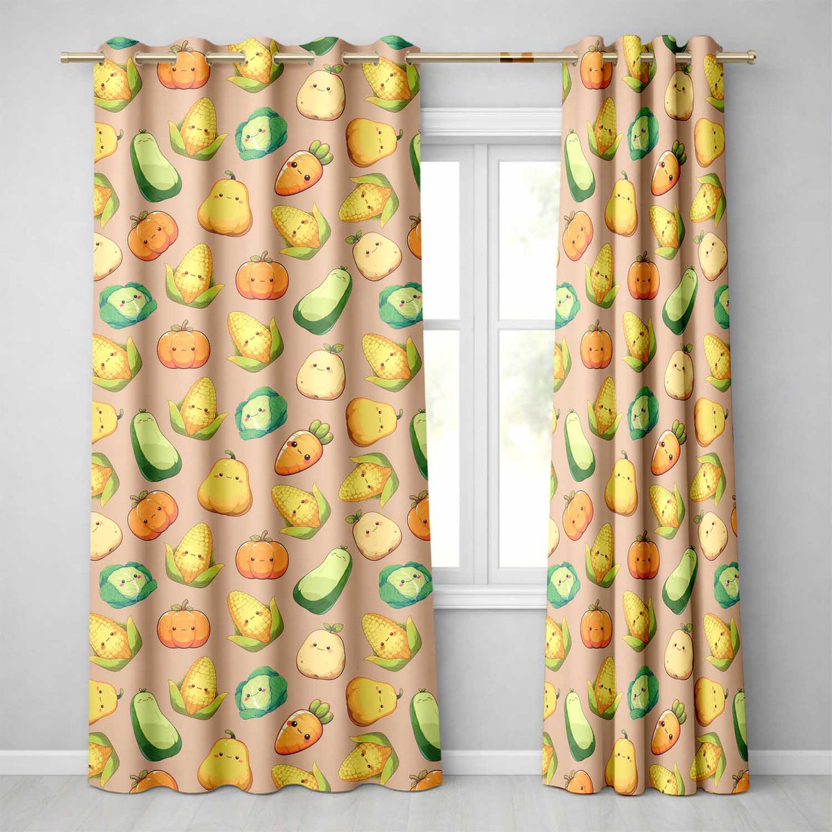 Cute Kawaii Autumn Vegetables Corn Pumpkin Carrot Peach Seamless Pattern Readymade Eyelet Ring Top Thermal 100% Blackout Curtains