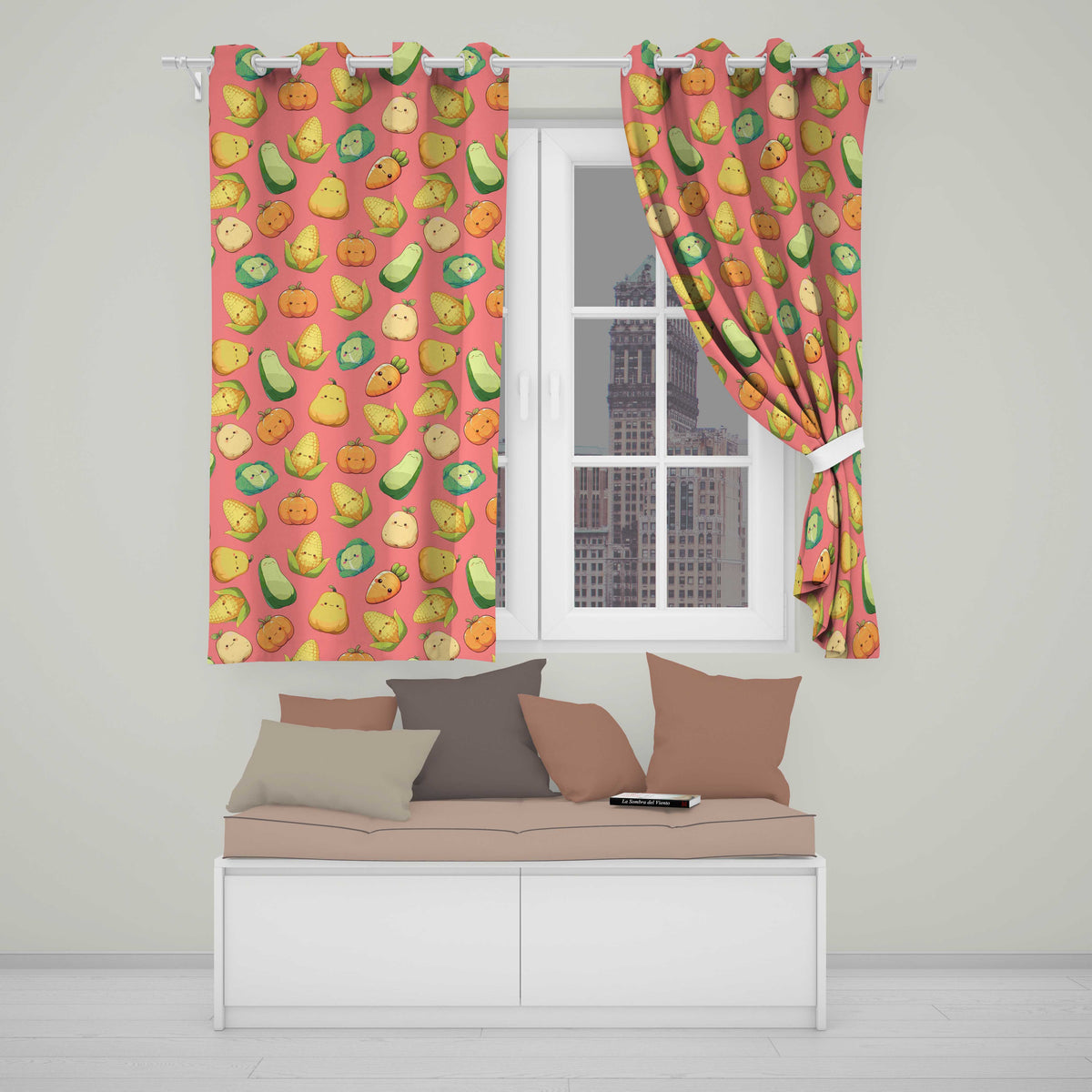 Cute Kawaii Autumn Vegetables Corn Pumpkin Carrot Coral Seamless Pattern Readymade Eyelet Ring Top Thermal 100% Blackout Curtains