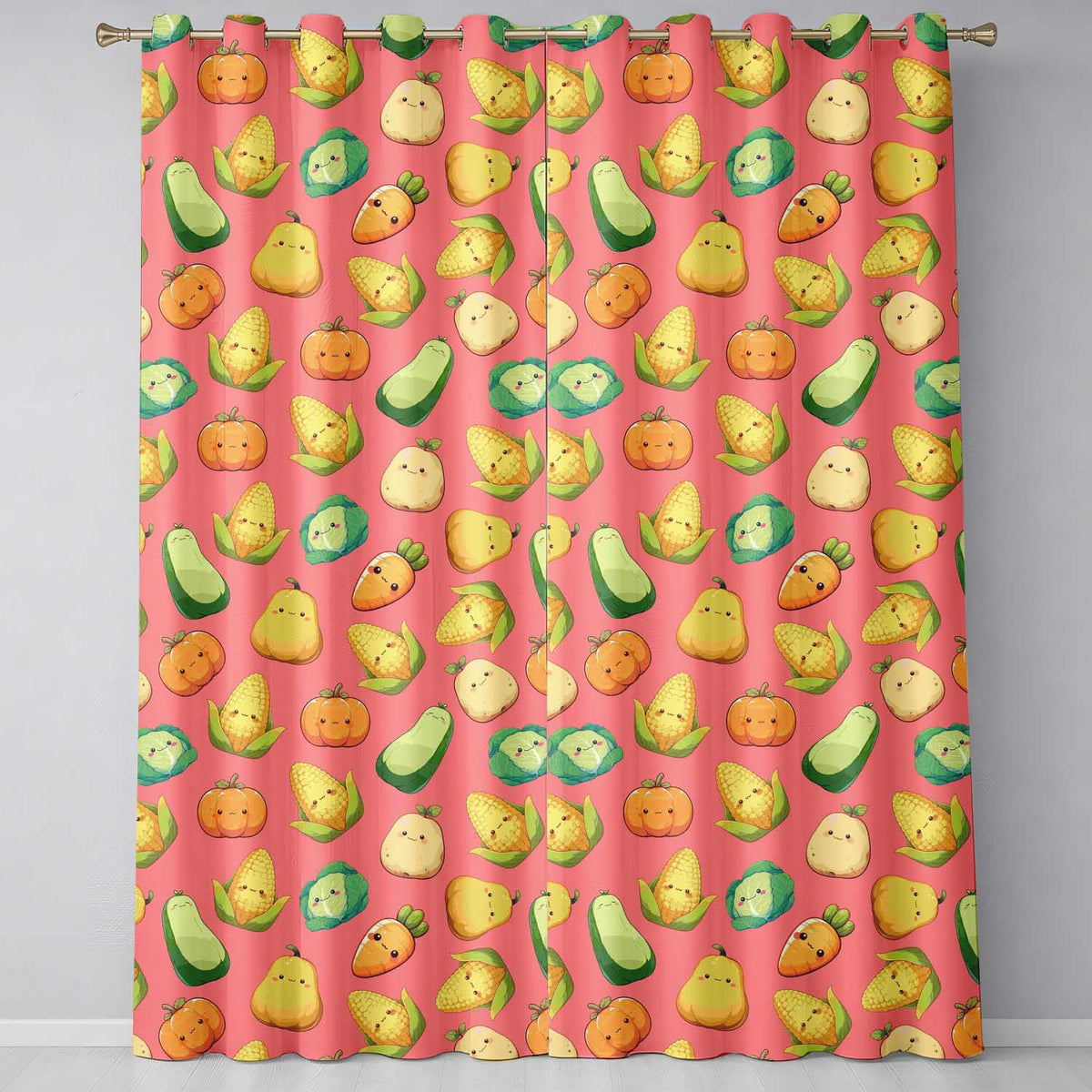 Cute Kawaii Autumn Vegetables Corn Pumpkin Carrot Coral Seamless Pattern Readymade Eyelet Ring Top Thermal 100% Blackout Curtains