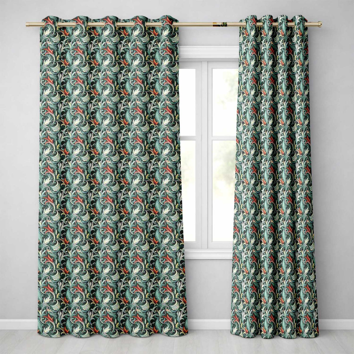 Elegant Vintage Floral Blue Cream Ornate Seamless Pattern Readymade Eyelet Ring Top Thermal 100% Blackout Curtains