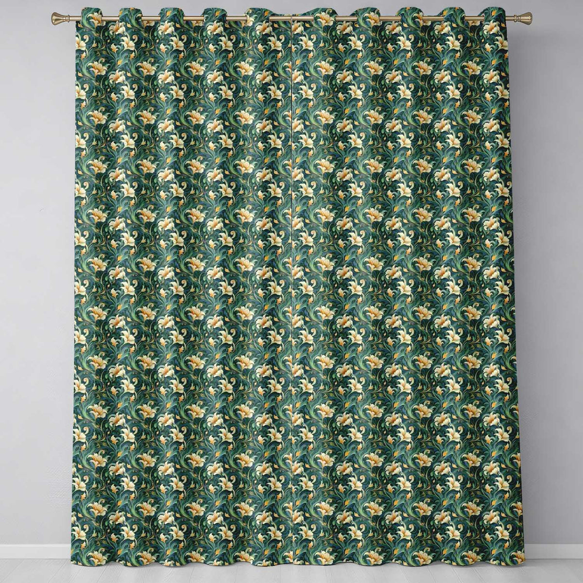 Elegant Vintage Floral Gold Teal Luxury Seamless Pattern Readymade Eyelet Ring Top Thermal 100% Blackout Curtains