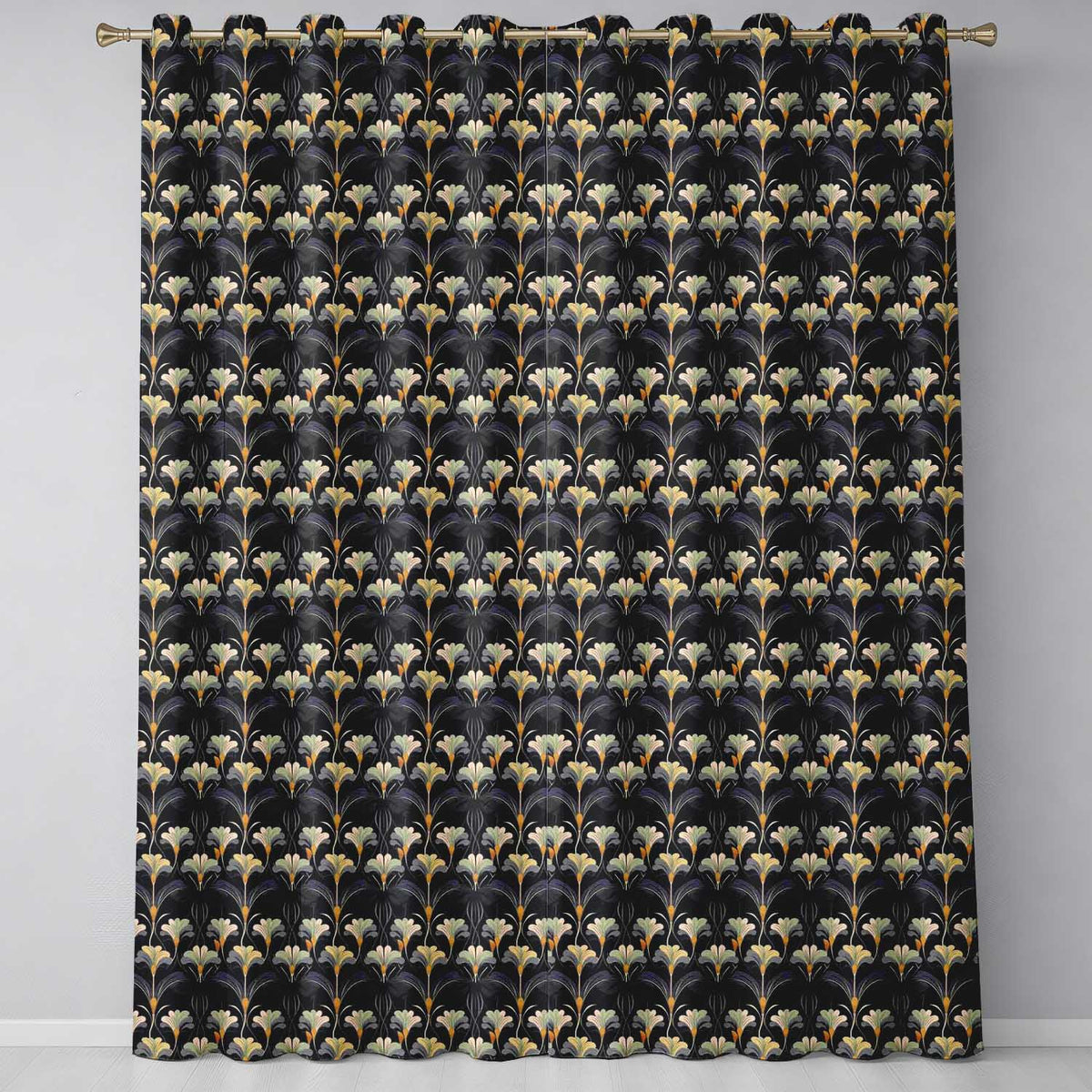 Art Deco Fan Floral Blue Gold Seamless Pattern Readymade Eyelet Ring Top Thermal 100% Blackout Curtains