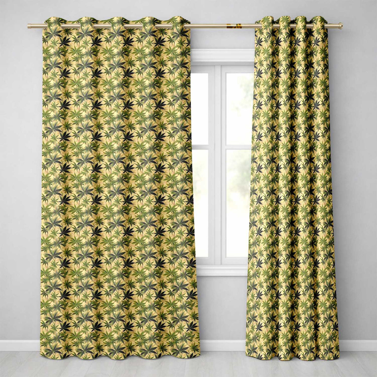 Natural Green Cannabis Leaf Botanical Seamless Pattern Readymade Eyelet Ring Top Thermal 100% Blackout Curtains