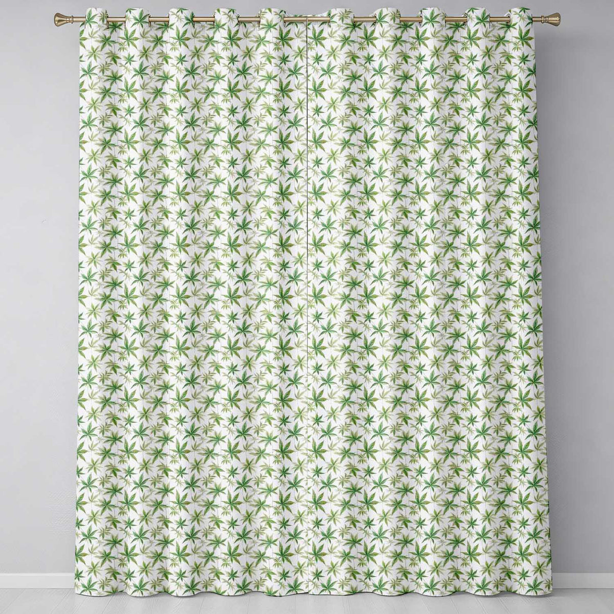 Soft Green Cannabis Leaf Watercolor on White Seamless Pattern Readymade Eyelet Ring Top Thermal 100% Blackout Curtains