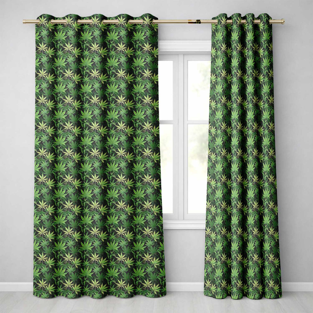 Deep Green Cannabis Jungle Foliage Seamless Pattern Readymade Eyelet Ring Top Thermal 100% Blackout Curtains