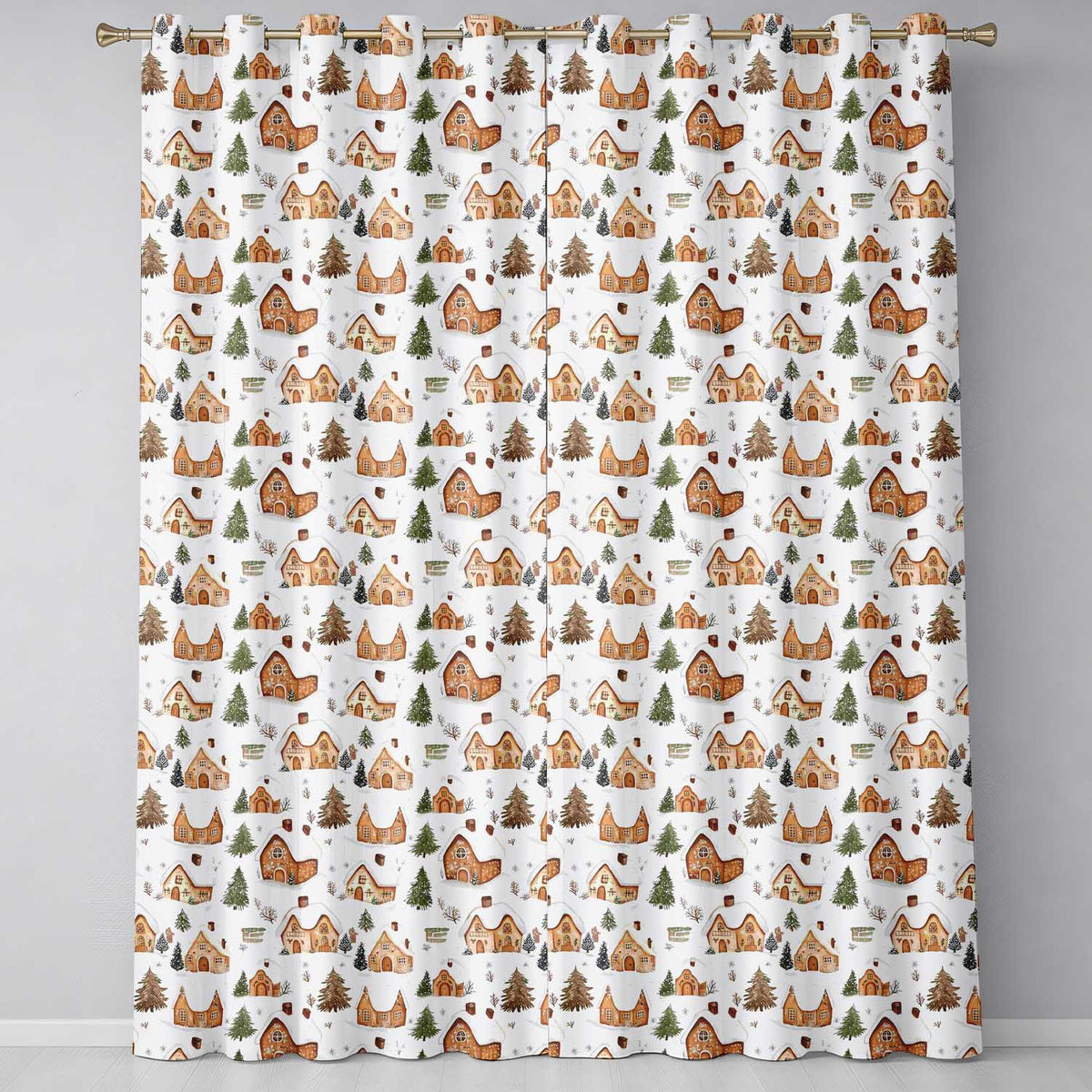 Cute Winter Village Gingerbread Houses Seamless Pattern Readymade Eyelet Ring Top Thermal 100% Blackout Curtains