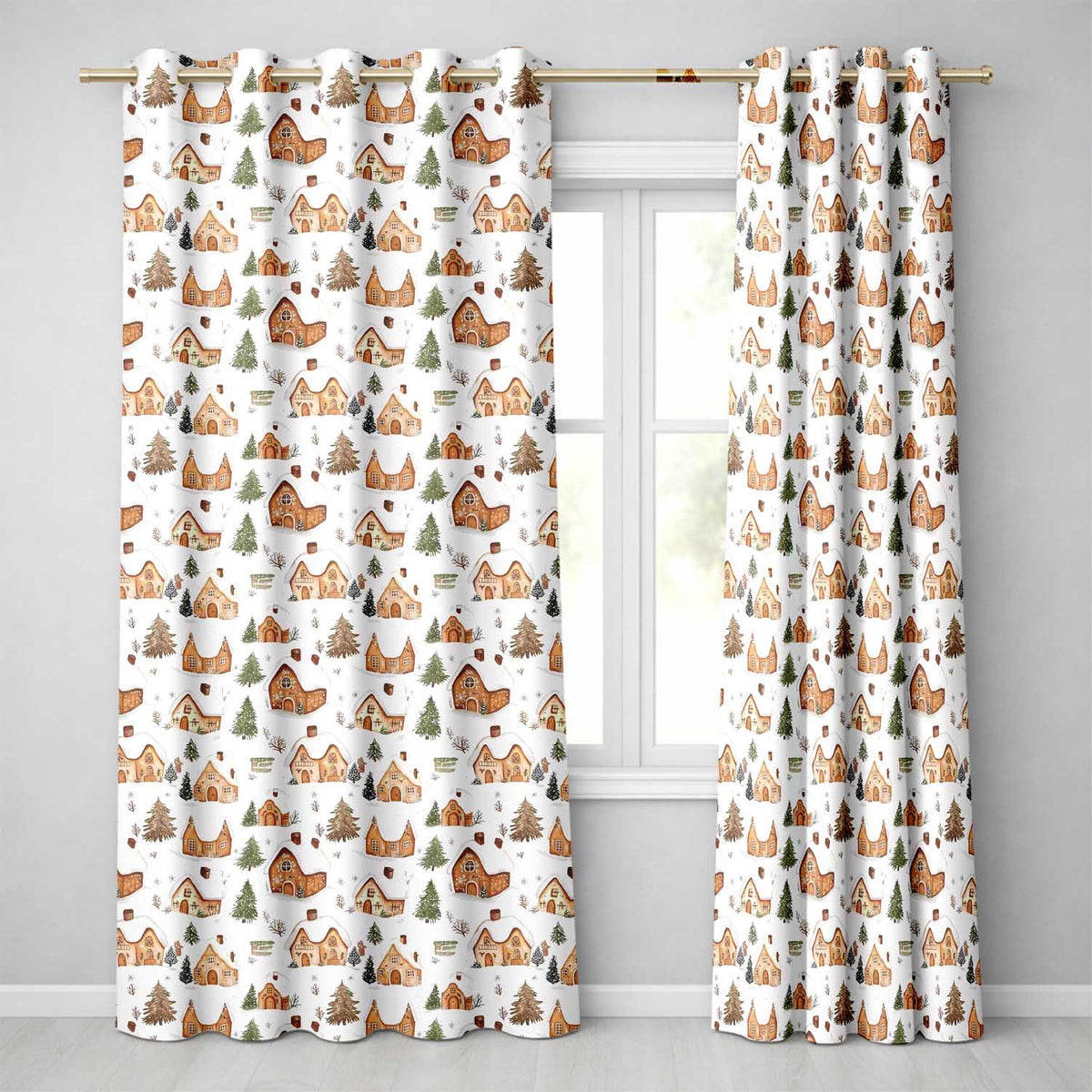 Cute Winter Village Gingerbread Houses Seamless Pattern Readymade Eyelet Ring Top Thermal 100% Blackout Curtains