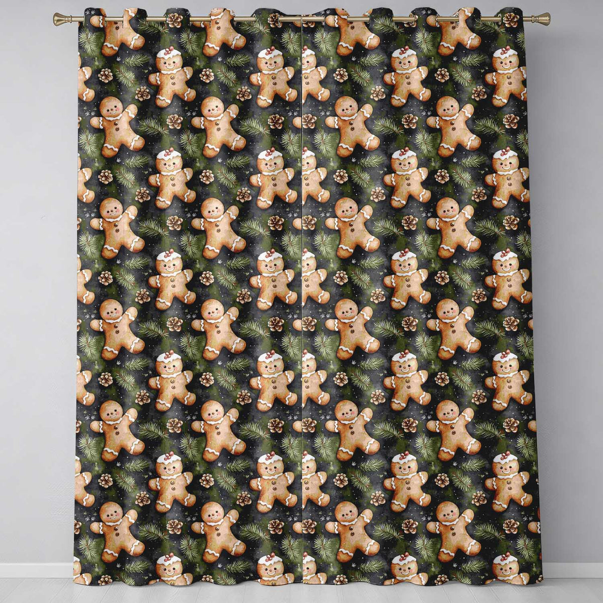 Cute Gingerbread Cookies with Pinecones and Fir Branches Seamless Pattern Readymade Eyelet Ring Top Thermal 100% Blackout Curtains