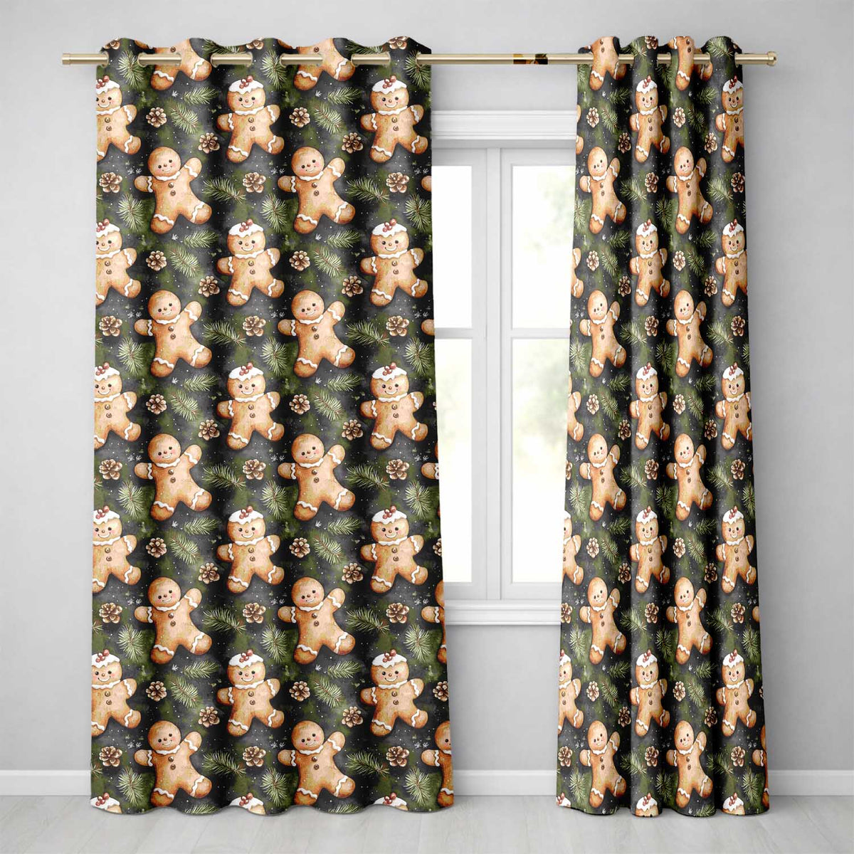Cute Gingerbread Cookies with Pinecones and Fir Branches Seamless Pattern Readymade Eyelet Ring Top Thermal 100% Blackout Curtains