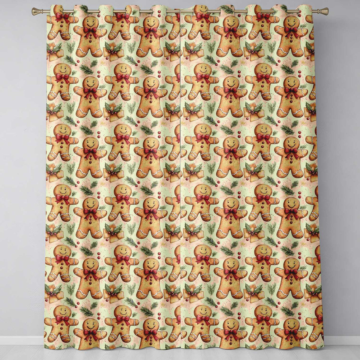 Cute Gingerbread Cookies with Red Bows and Holly Leaves Seamless Pattern Readymade Eyelet Ring Top Thermal 100% Blackout Curtains
