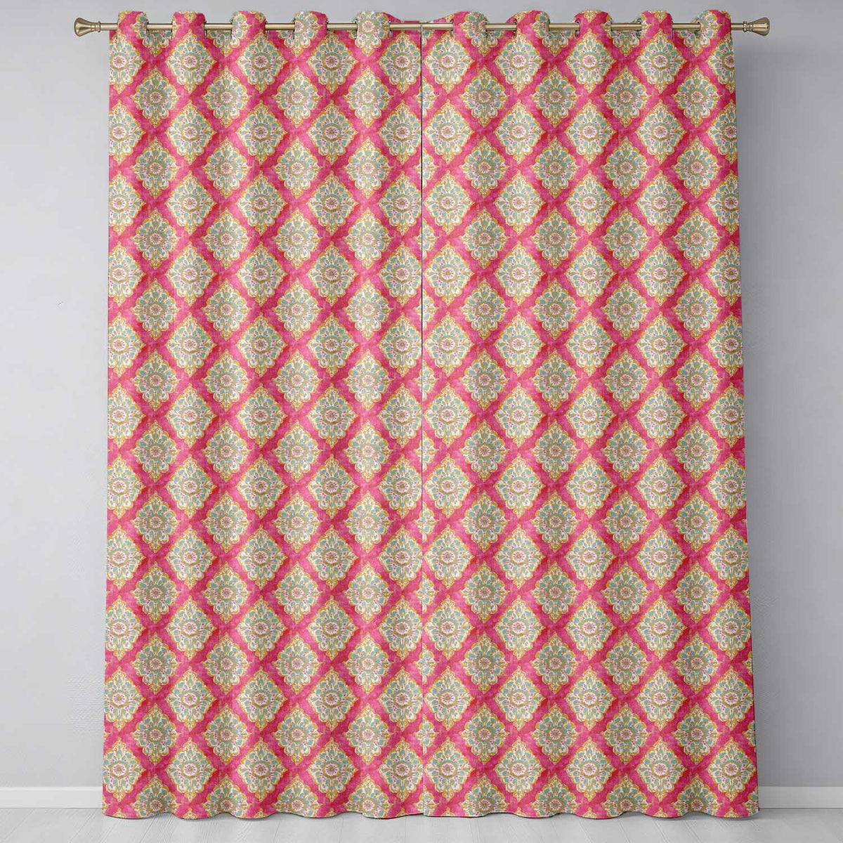 Elegant Ornamental Medallion Pattern on Pink Background Seamless Pattern Readymade Eyelet Ring Top Thermal 100% Blackout Curtains