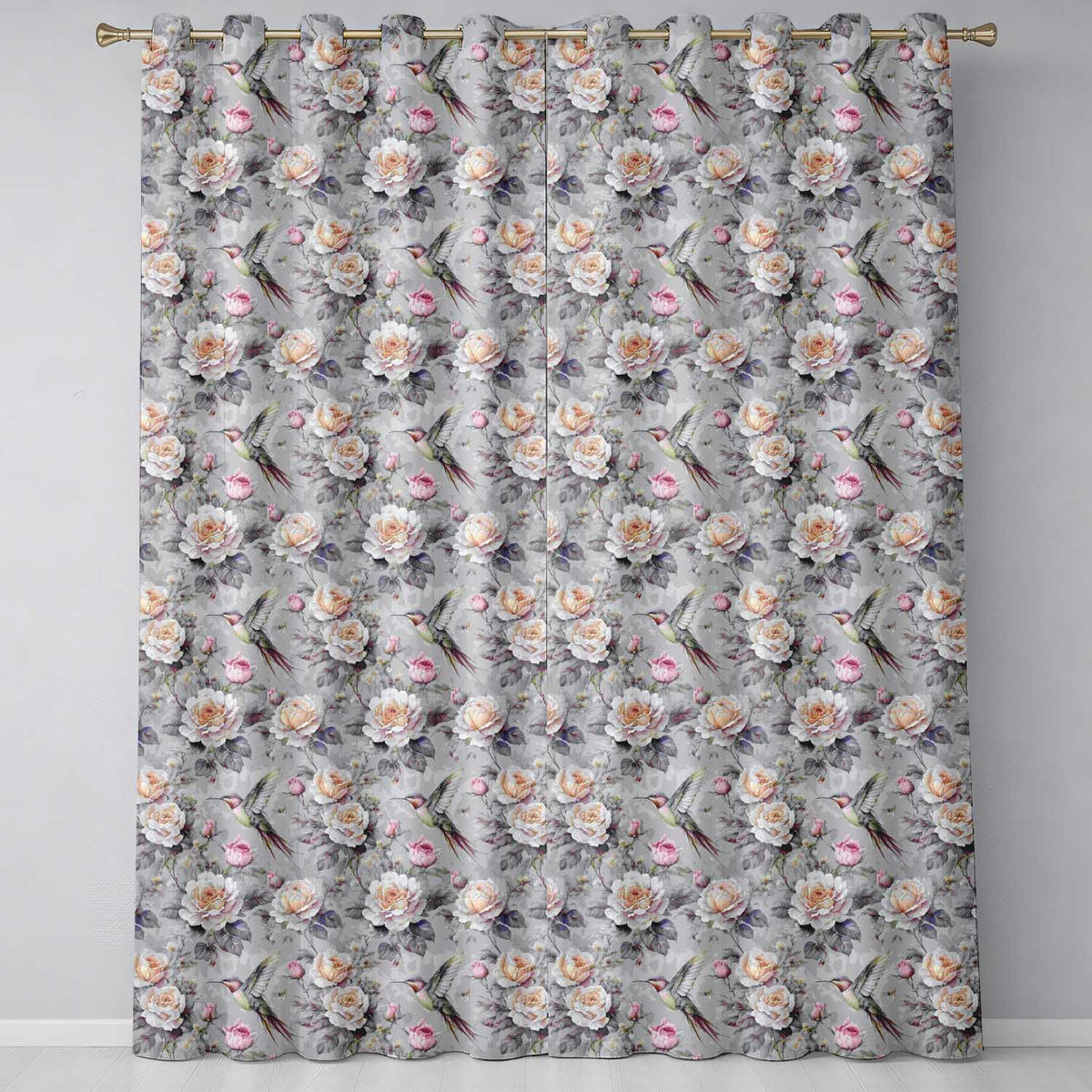 Elegant Hummingbird with Roses Soft Pastel Floral Seamless Pattern Readymade Eyelet Ring Top Thermal 100% Blackout Curtains