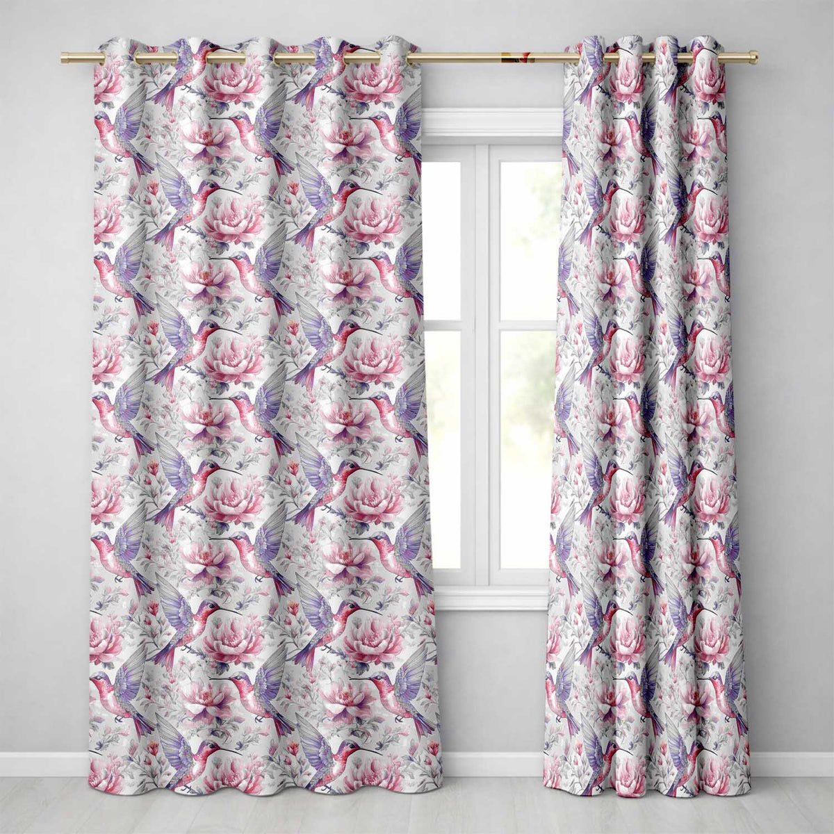 Vintage Style Hummingbird and Floral Garden Seamless Pattern Readymade Eyelet Ring Top Thermal 100% Blackout Curtains