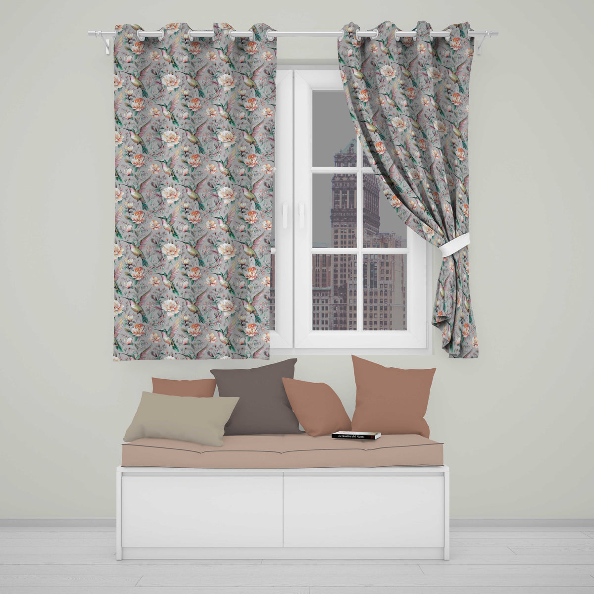 Elegant Hummingbird with Soft Pink Flowers Seamless Pattern Readymade Eyelet Ring Top Thermal 100% Blackout Curtains