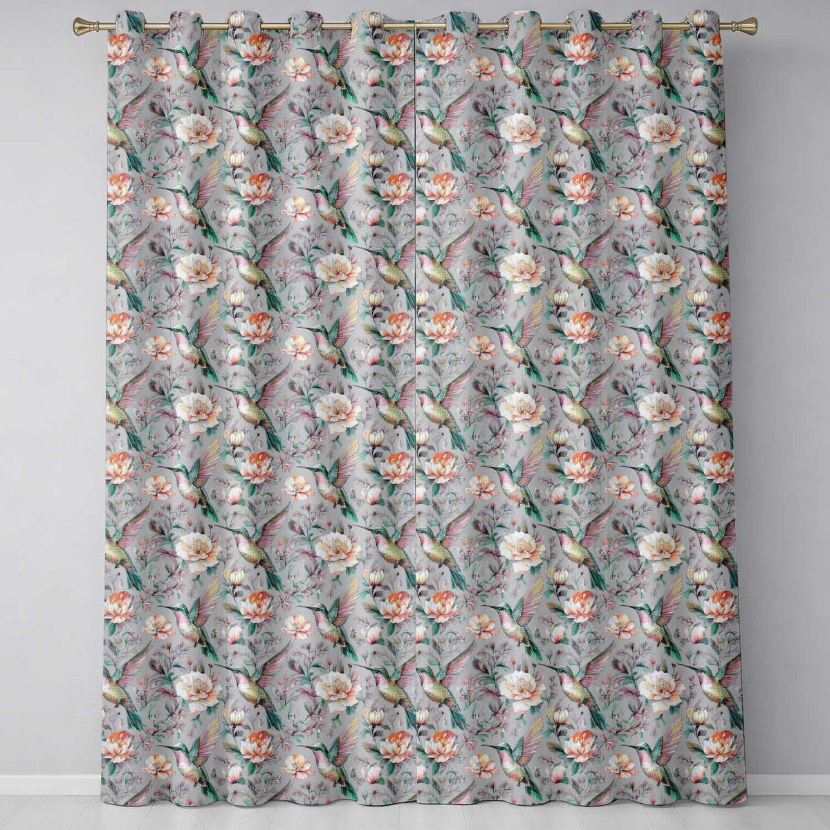 Elegant Hummingbird with Soft Pink Flowers Seamless Pattern Readymade Eyelet Ring Top Thermal 100% Blackout Curtains