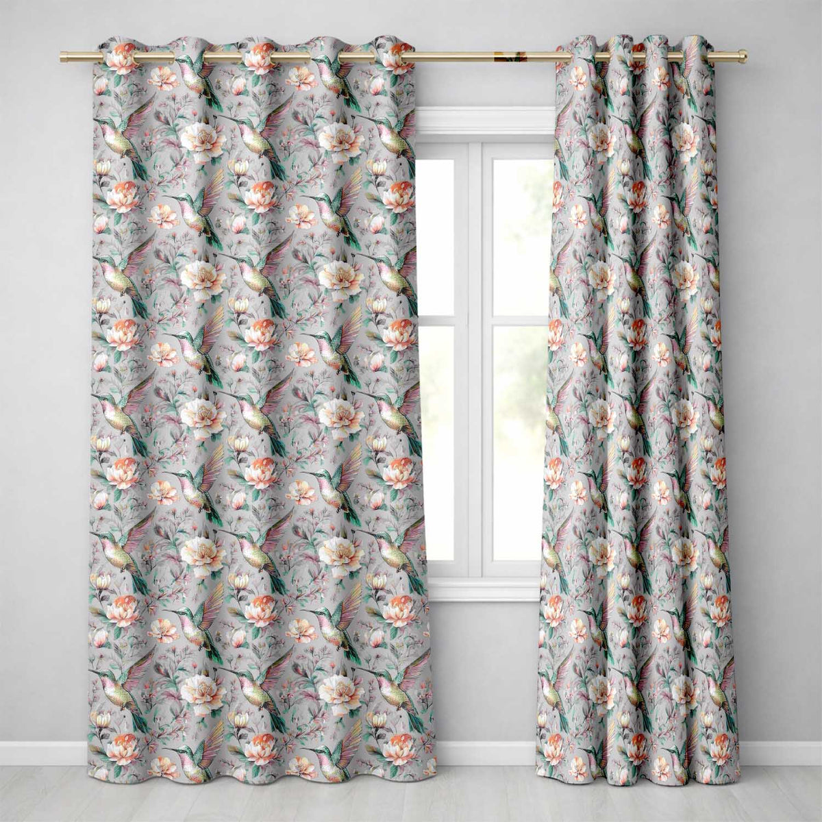 Elegant Hummingbird with Soft Pink Flowers Seamless Pattern Readymade Eyelet Ring Top Thermal 100% Blackout Curtains