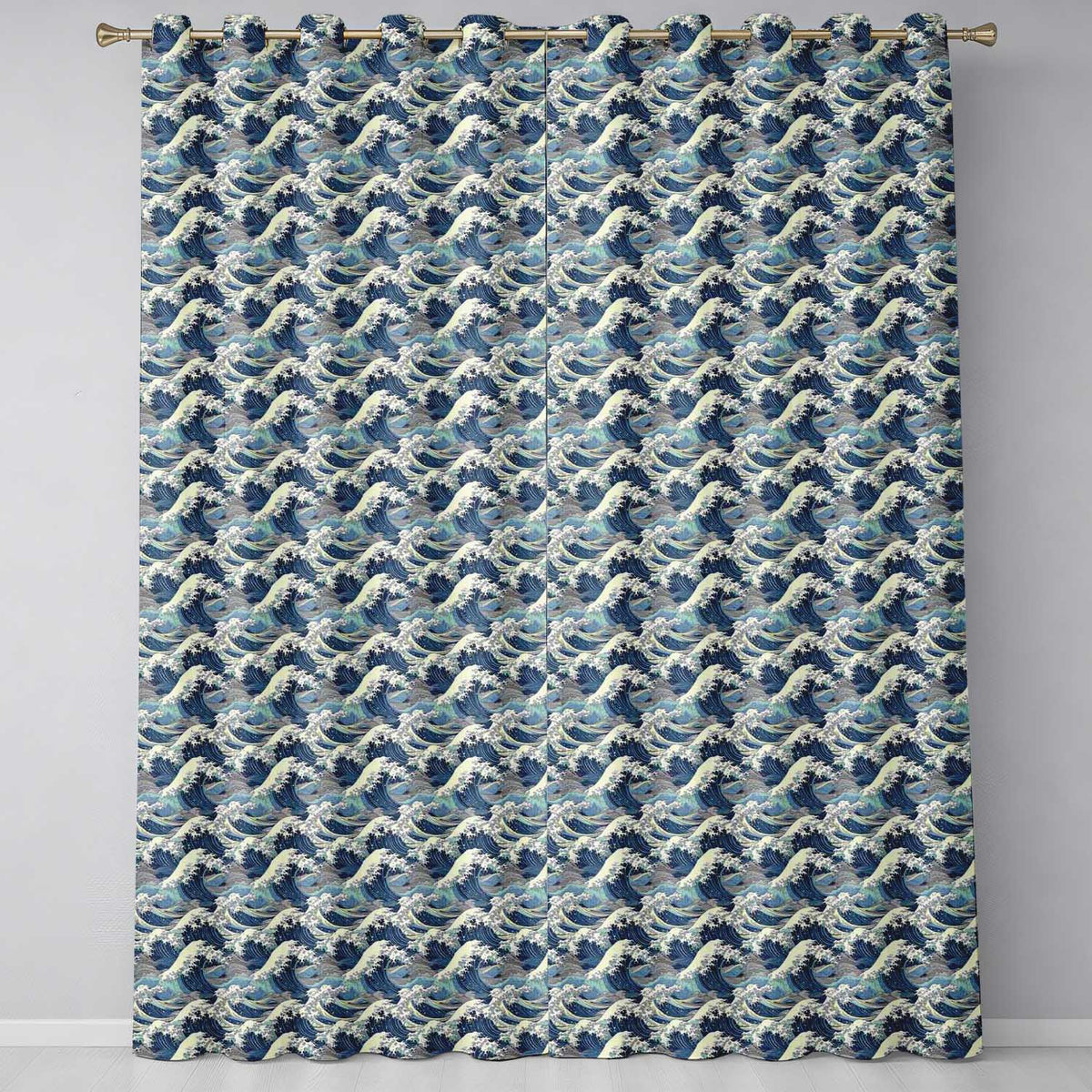 Classic Blue Japanese Ocean Waves Seamless Pattern Readymade Eyelet Ring Top Thermal 100% Blackout Curtains