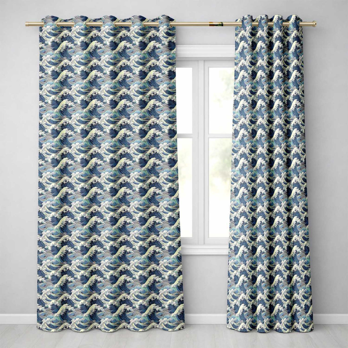 Classic Blue Japanese Ocean Waves Seamless Pattern Readymade Eyelet Ring Top Thermal 100% Blackout Curtains