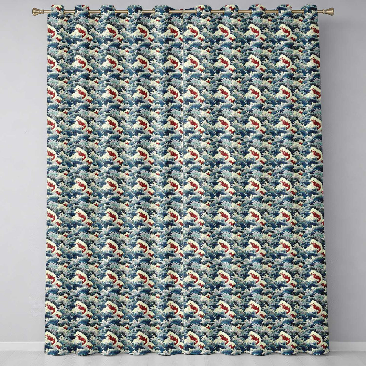 Traditional Japanese Wave Art with Red Details Seamless Pattern Readymade Eyelet Ring Top Thermal 100% Blackout Curtains