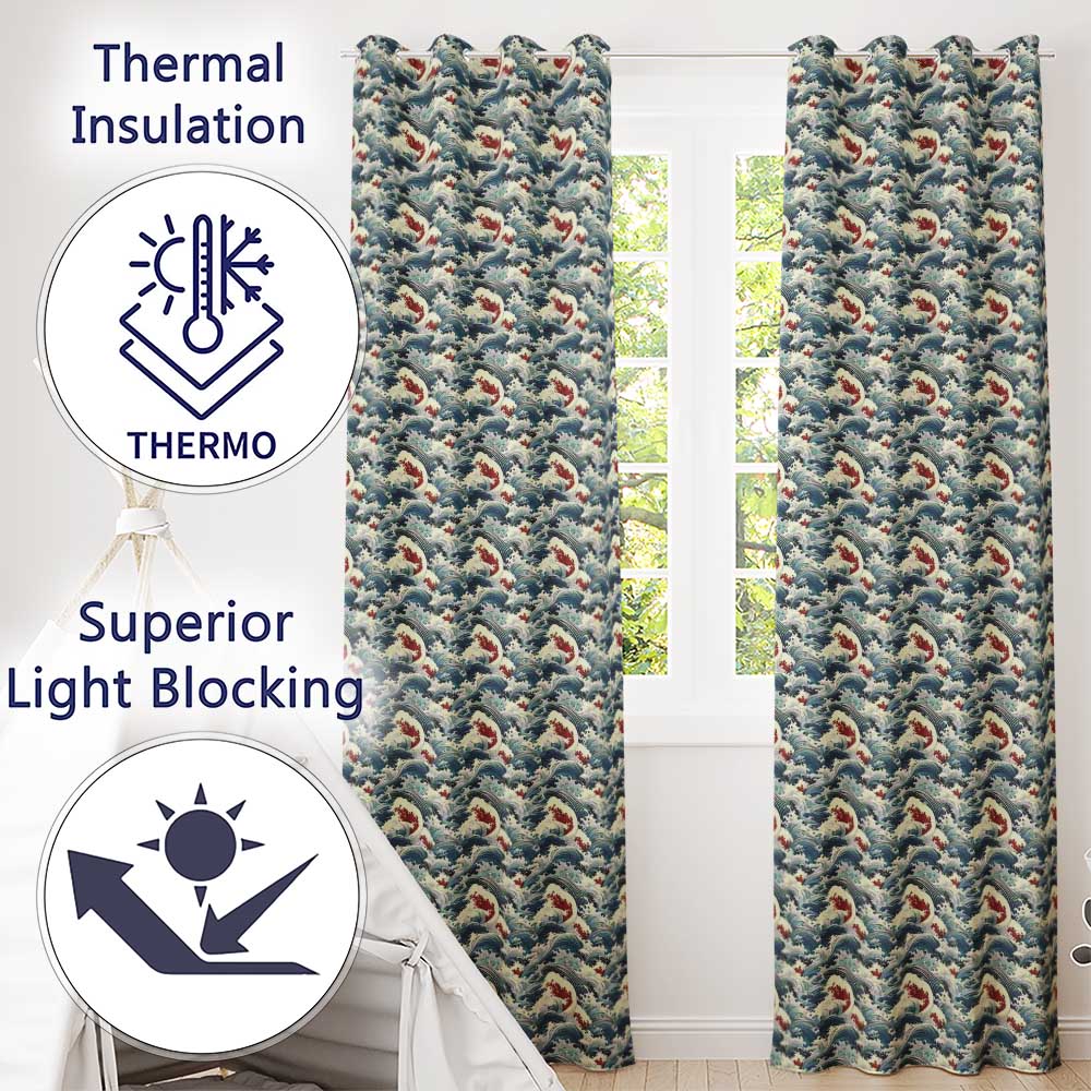 Traditional Japanese Wave Art with Red Details Seamless Pattern Readymade Eyelet Ring Top Thermal 100% Blackout Curtains