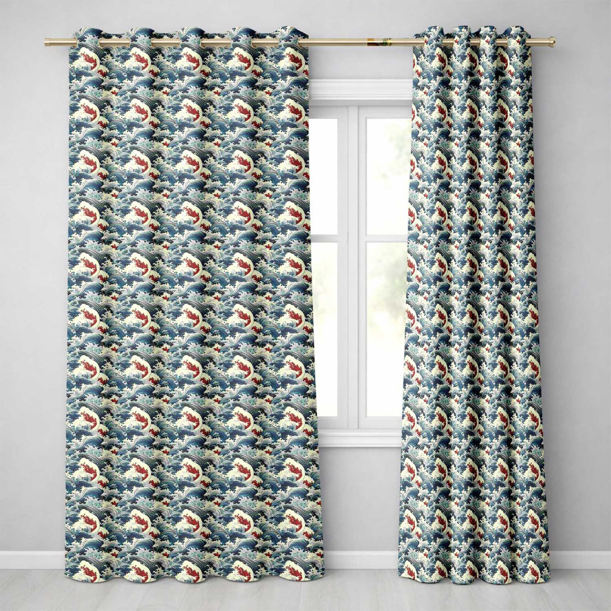 Traditional Japanese Wave Art with Red Details Seamless Pattern Readymade Eyelet Ring Top Thermal 100% Blackout Curtains