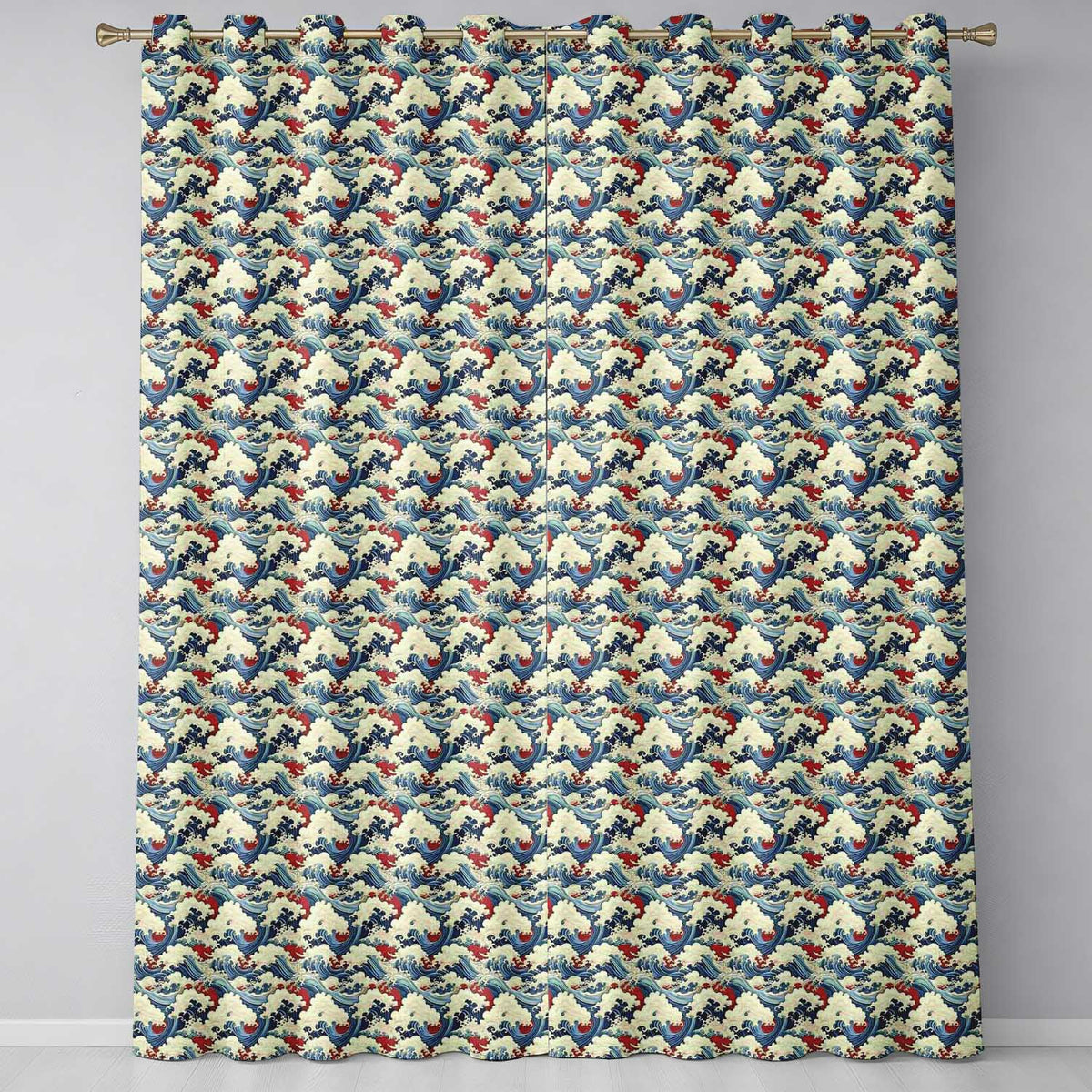Detailed Japanese Wave Pattern with Bold Contrast Seamless Pattern Readymade Eyelet Ring Top Thermal 100% Blackout Curtains