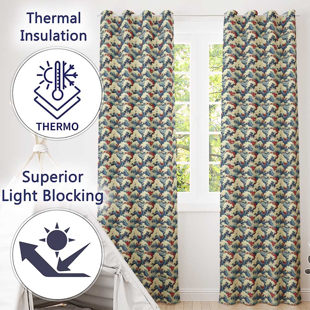 Detailed Japanese Wave Pattern with Bold Contrast Seamless Pattern Readymade Eyelet Ring Top Thermal 100% Blackout Curtains