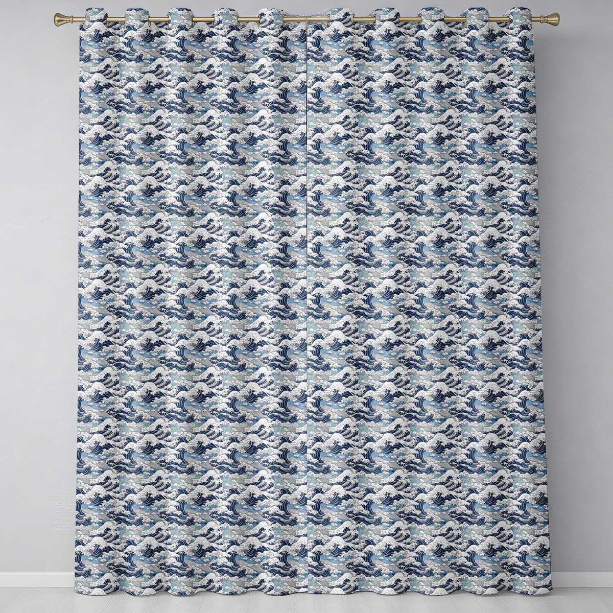 Classic Blue Japanese Ocean Waves Seamless Pattern Readymade Eyelet Ring Top Thermal 100% Blackout Curtains