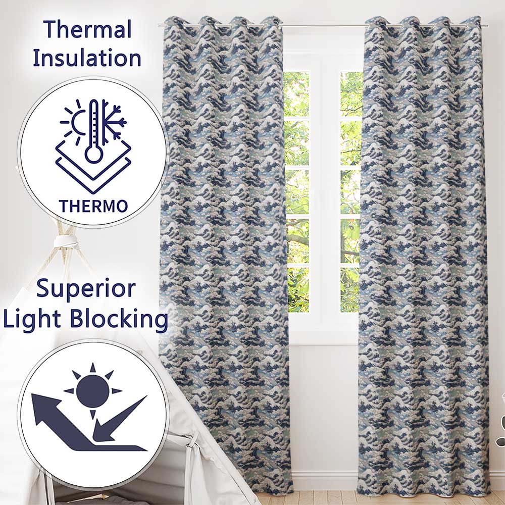 Classic Blue Japanese Ocean Waves Seamless Pattern Readymade Eyelet Ring Top Thermal 100% Blackout Curtains