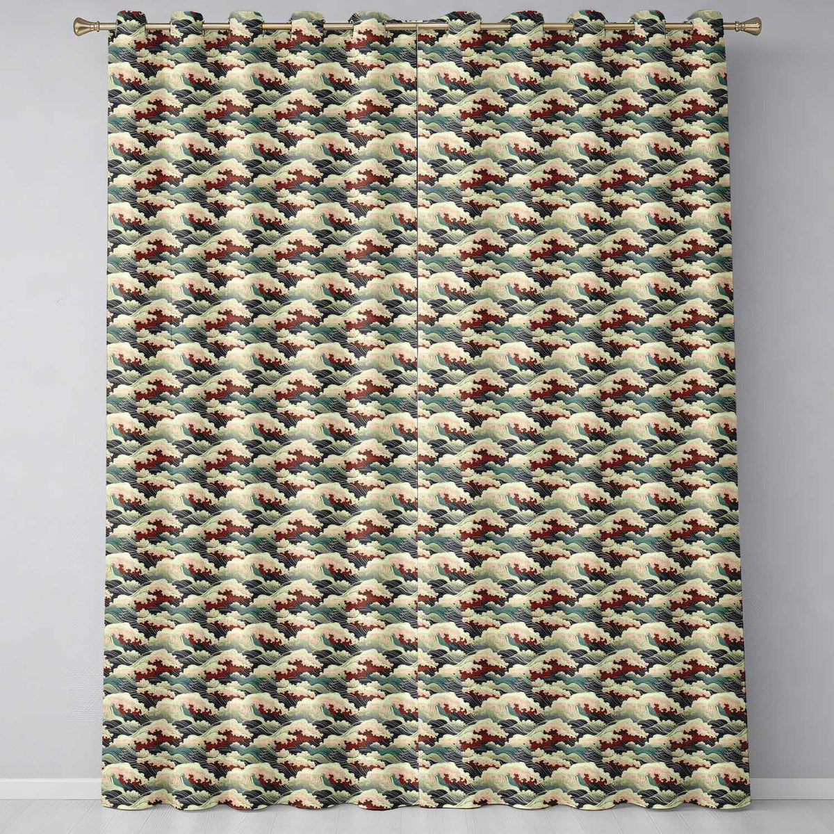 Dark Navy and Cream Japanese Waves Seamless Pattern Readymade Eyelet Ring Top Thermal 100% Blackout Curtains
