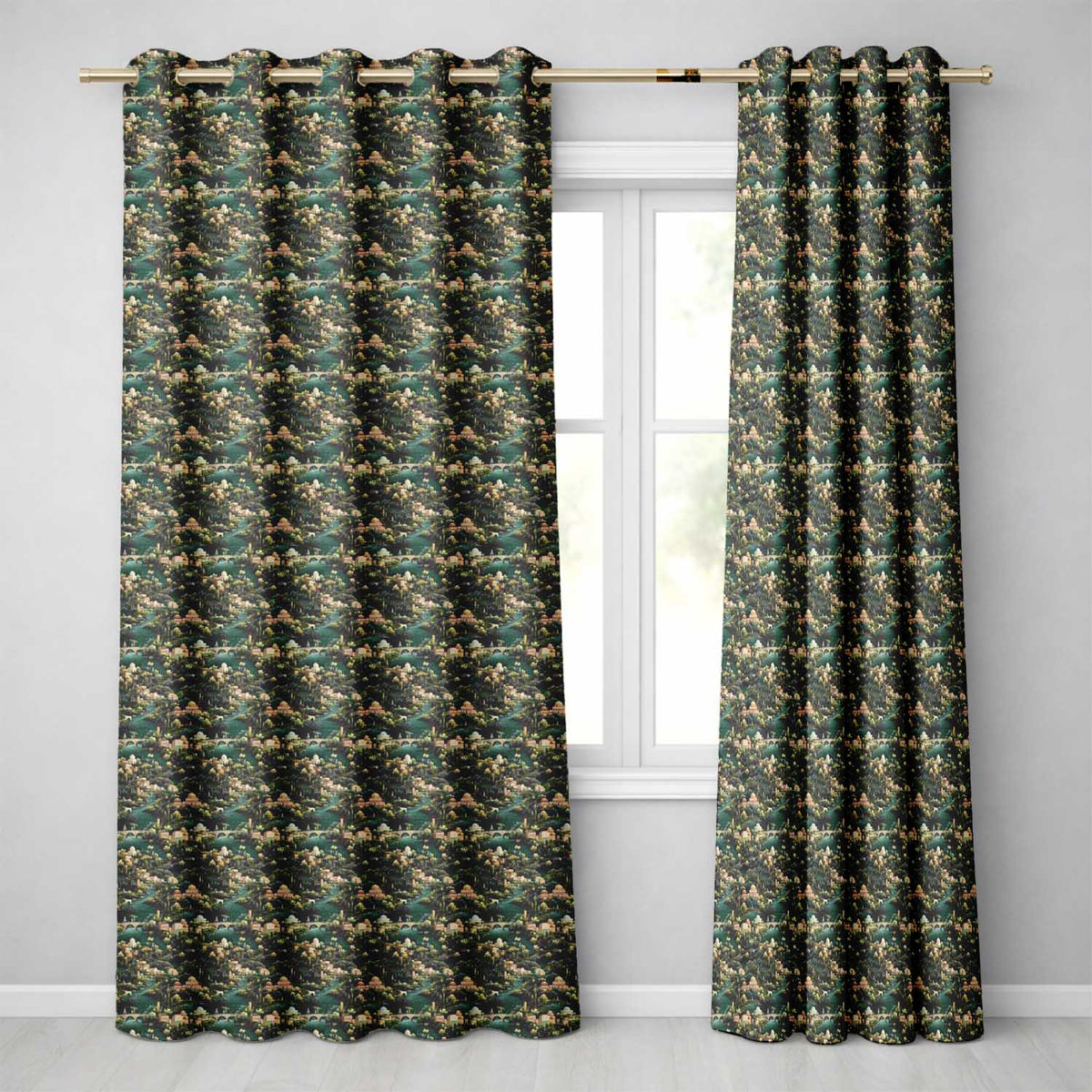 Lush River Valley Town Scenic Seamless Pattern Readymade Eyelet Ring Top Thermal 100% Blackout Curtains