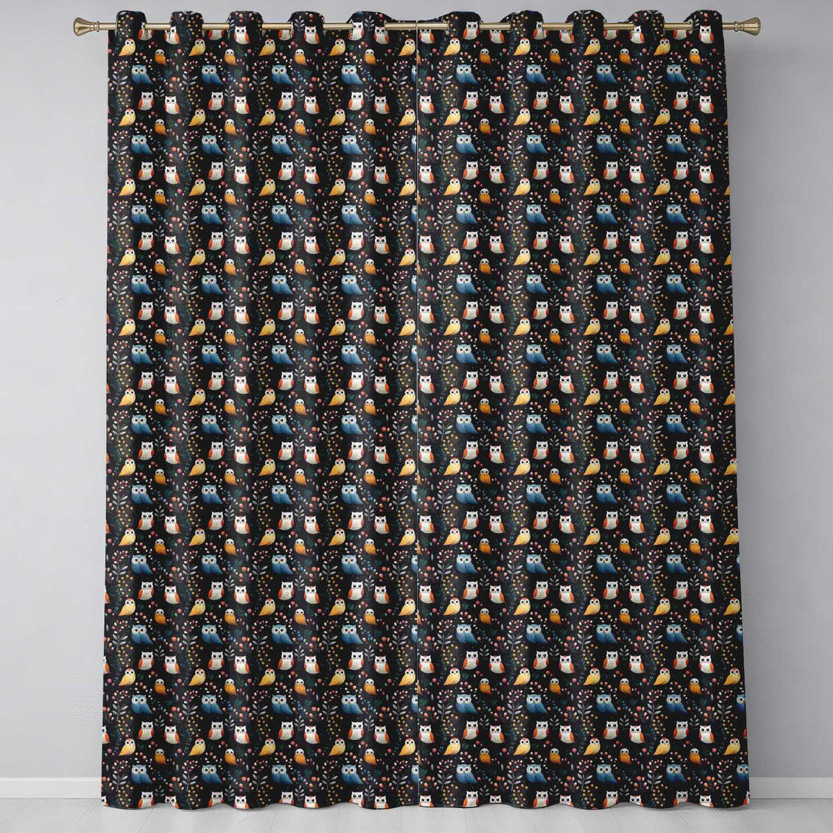 Cute Owl Birds Decorative Leaves Seamless Pattern Readymade Eyelet Ring Top Thermal 100% Blackout Curtains