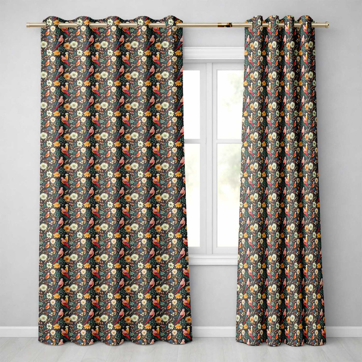 Colorful Parrot Birds Floral Jungle Seamless Pattern Readymade Eyelet Ring Top Thermal 100% Blackout Curtains