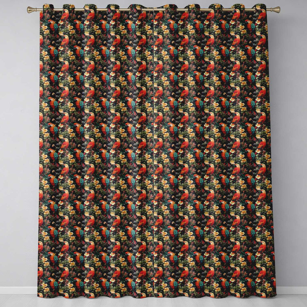 Exotic Macaw Parrots with Flowers Seamless Pattern Readymade Eyelet Ring Top Thermal 100% Blackout Curtains
