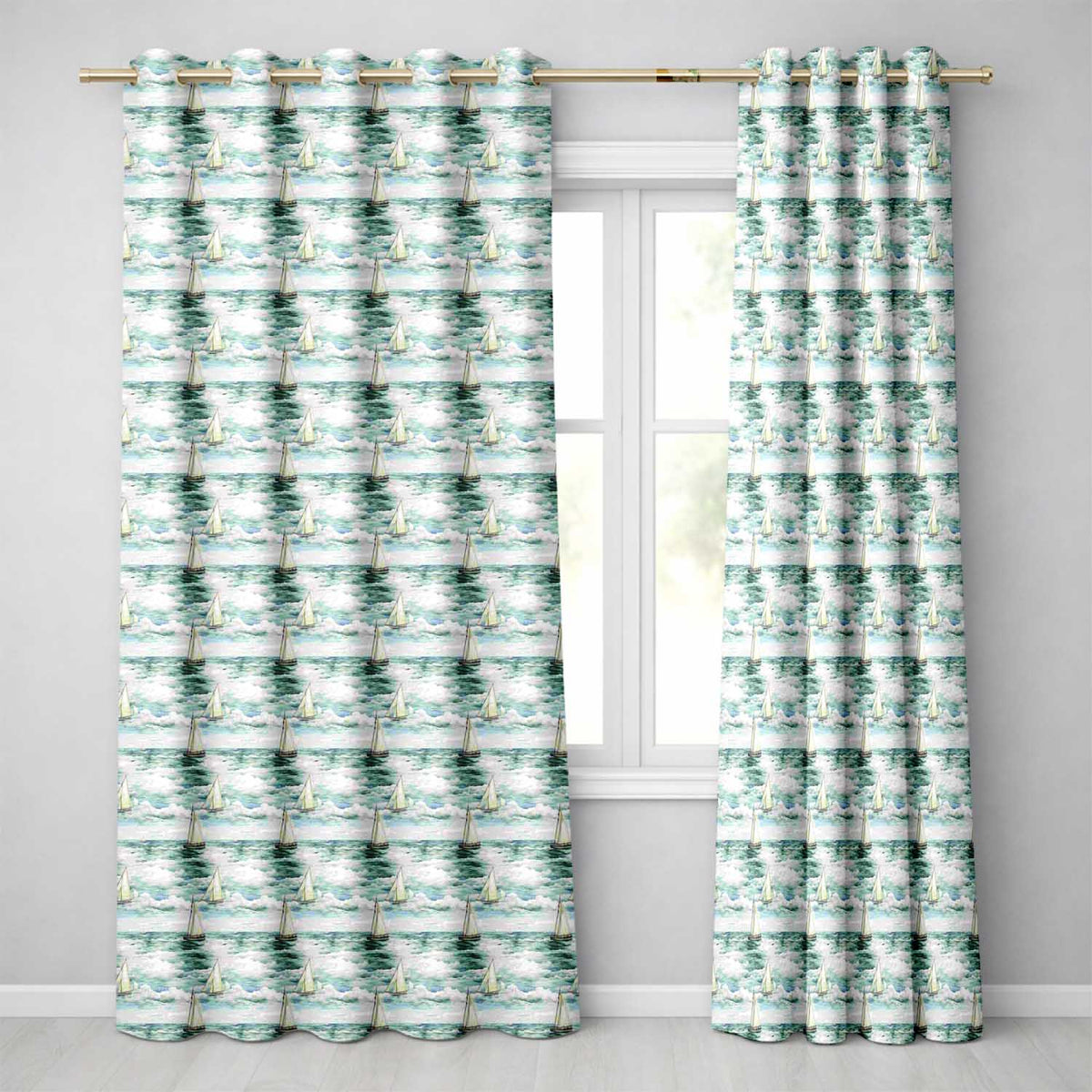 Vintage Sailing Boats Ocean Waves Seamless Pattern Readymade Eyelet Ring Top Thermal 100% Blackout Curtains