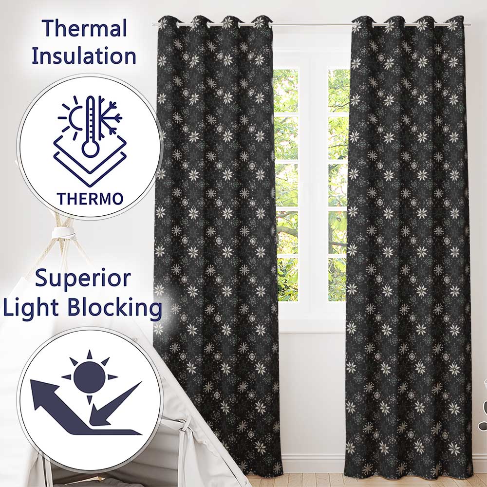 Elegant White Floral Starburst Seamless Pattern Readymade Eyelet Ring Top Thermal 100% Blackout Curtains