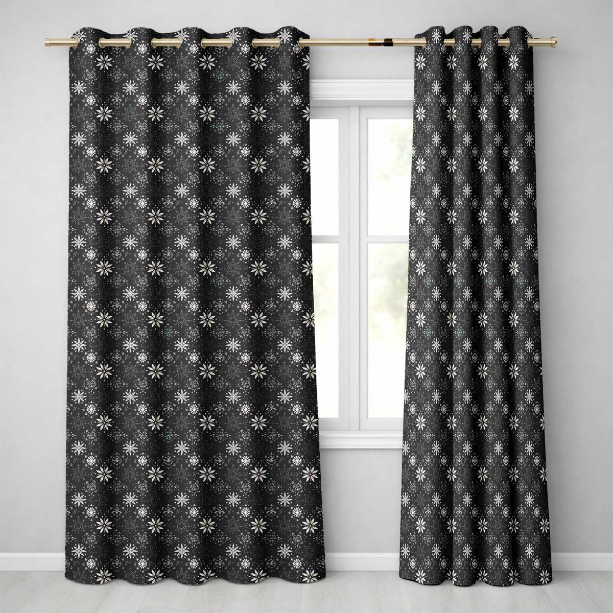 Elegant White Floral Starburst Seamless Pattern Readymade Eyelet Ring Top Thermal 100% Blackout Curtains