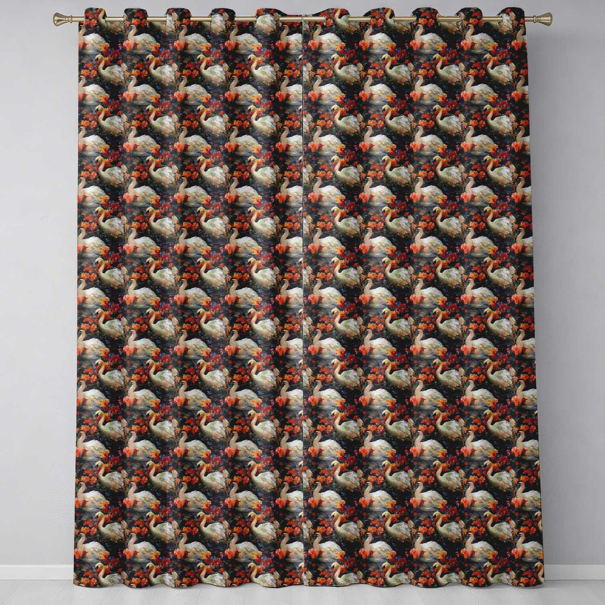 Elegant White Swan with Red Floral Garden Seamless Pattern Readymade Eyelet Ring Top Thermal 100% Blackout Curtains