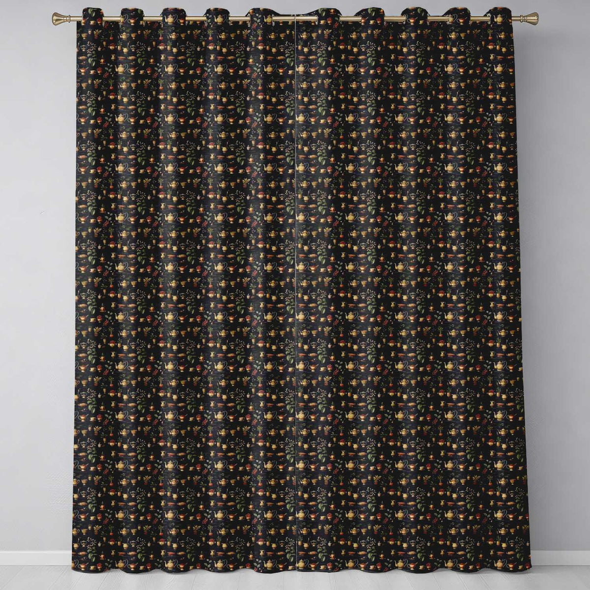 Dark Botanical Tea Coffee Herbs Vintage Seamless Pattern Readymade Eyelet Ring Top Thermal 100% Blackout Curtains