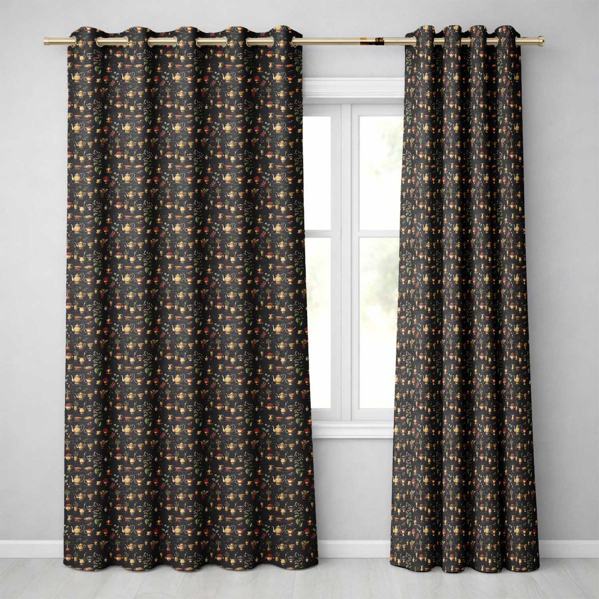 Dark Botanical Tea Coffee Herbs Vintage Seamless Pattern Readymade Eyelet Ring Top Thermal 100% Blackout Curtains