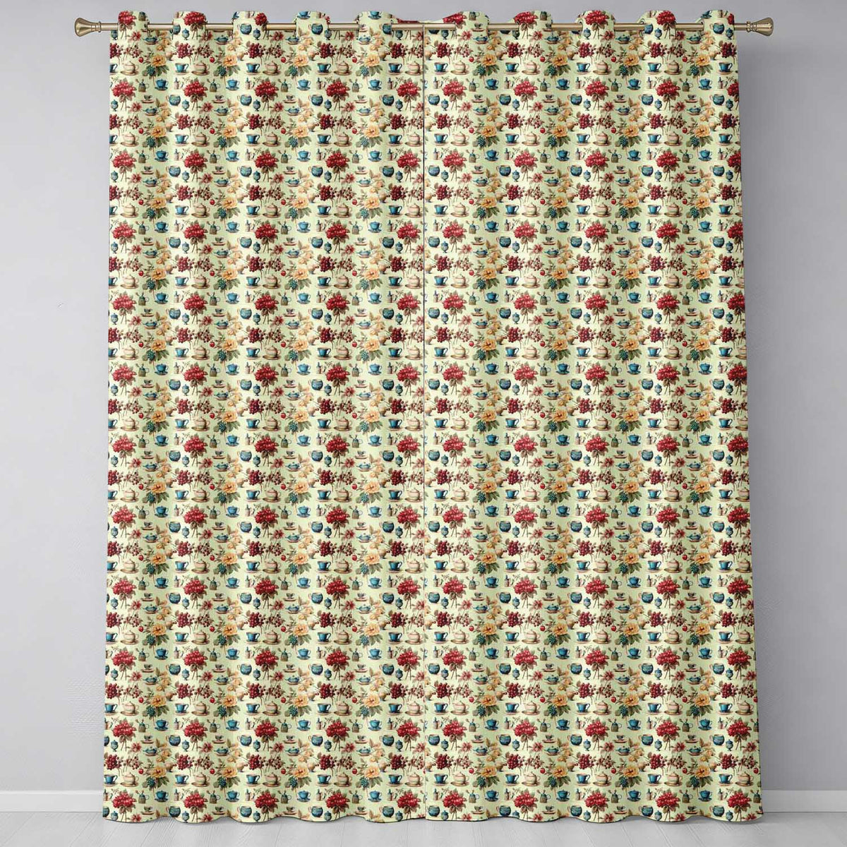 Floral Tea Cups Vintage Botanical Garden Seamless Pattern Readymade Eyelet Ring Top Thermal 100% Blackout Curtains