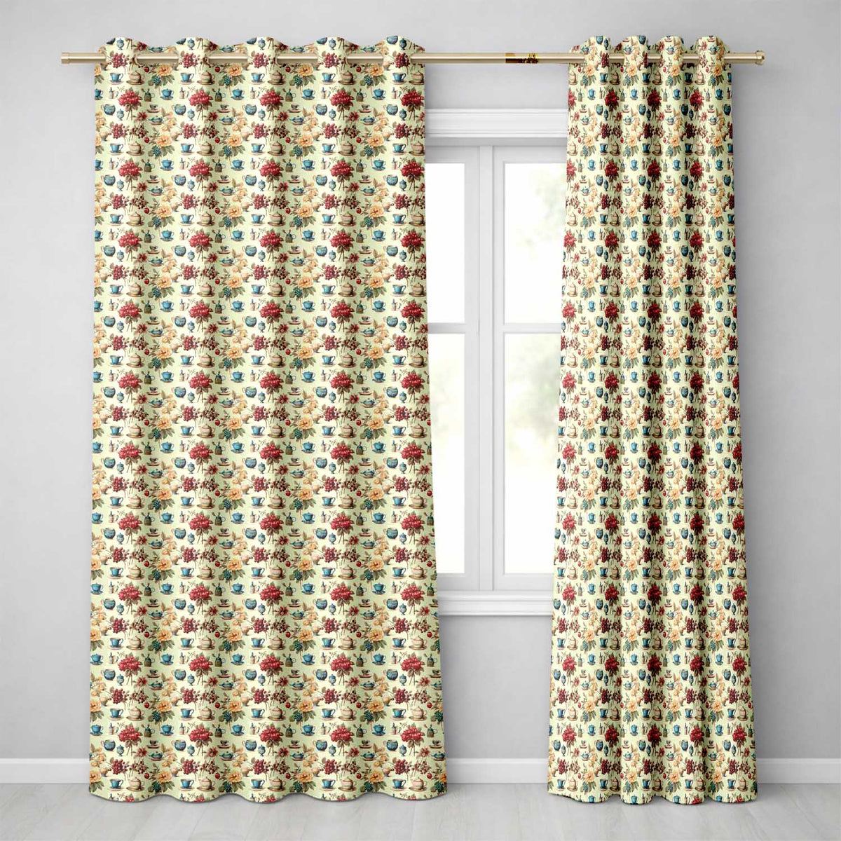 Floral Tea Cups Vintage Botanical Garden Seamless Pattern Readymade Eyelet Ring Top Thermal 100% Blackout Curtains