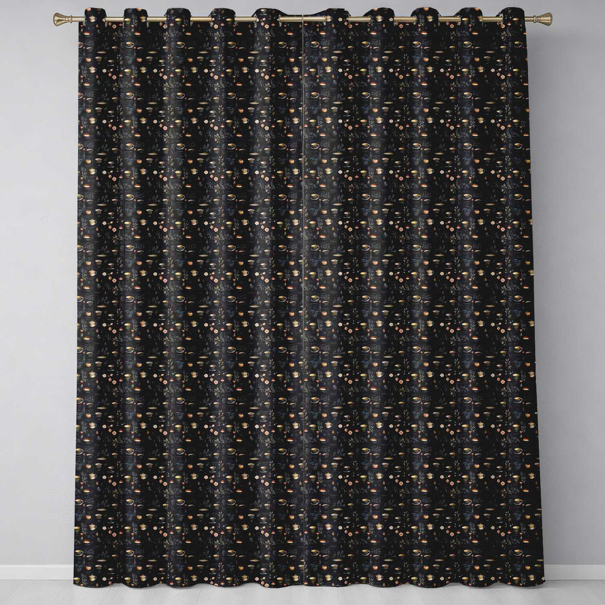 Dark Elegant Tea Coffee Floral Pattern Seamless Pattern Readymade Eyelet Ring Top Thermal 100% Blackout Curtains