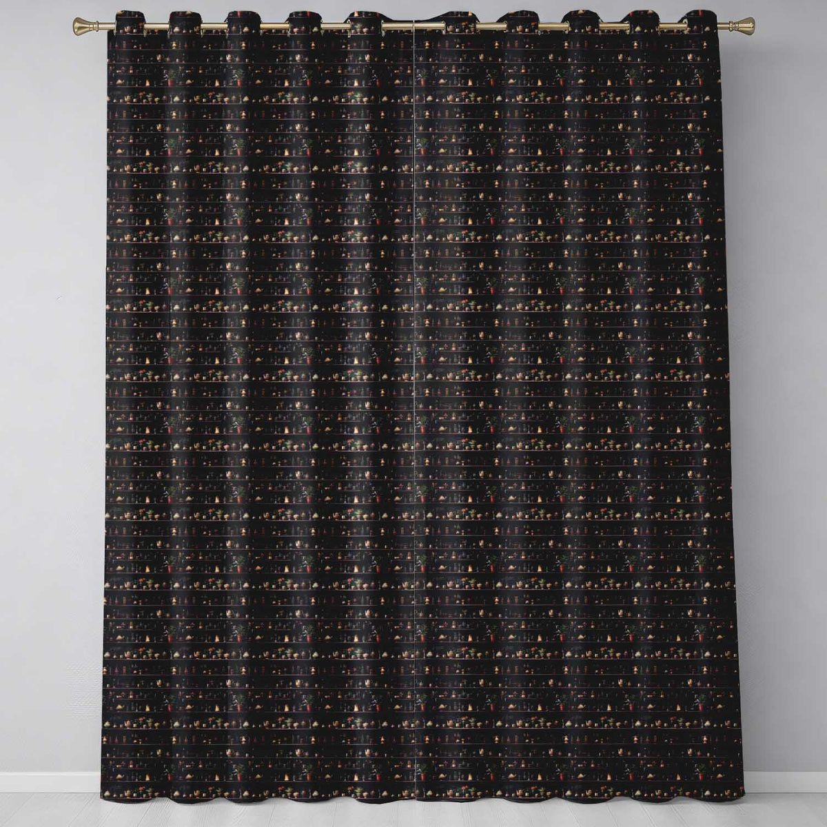 Luxury Dark Shelf Decor Teapots Plants Seamless Pattern Readymade Eyelet Ring Top Thermal 100% Blackout Curtains