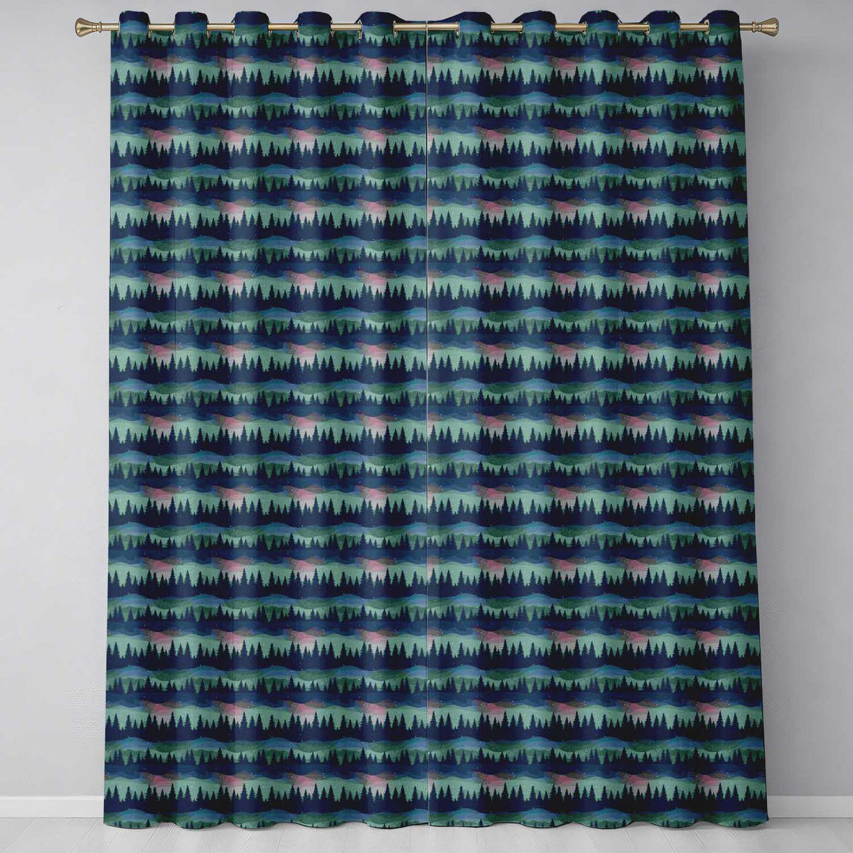 Starry Night Pine Trees Landscape Seamless Pattern Readymade Eyelet Ring Top Thermal 100% Blackout Curtains