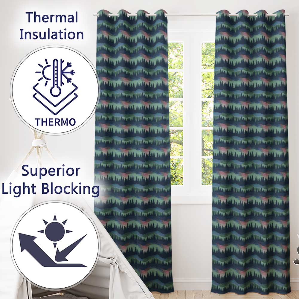 Starry Night Pine Trees Landscape Seamless Pattern Readymade Eyelet Ring Top Thermal 100% Blackout Curtains