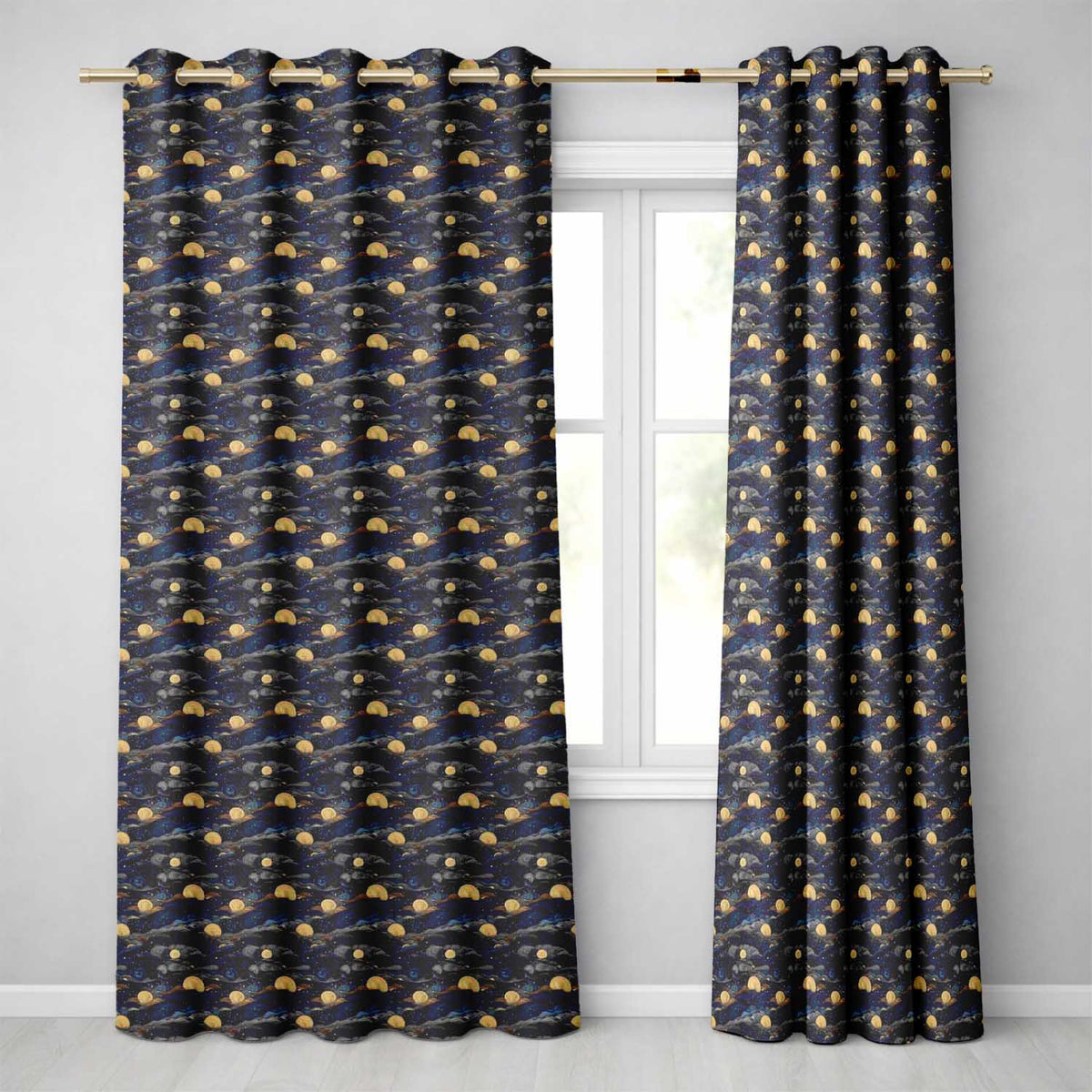 Golden Moon Ocean Waves Abstract Night Seamless Pattern Readymade Eyelet Ring Top Thermal 100% Blackout Curtains