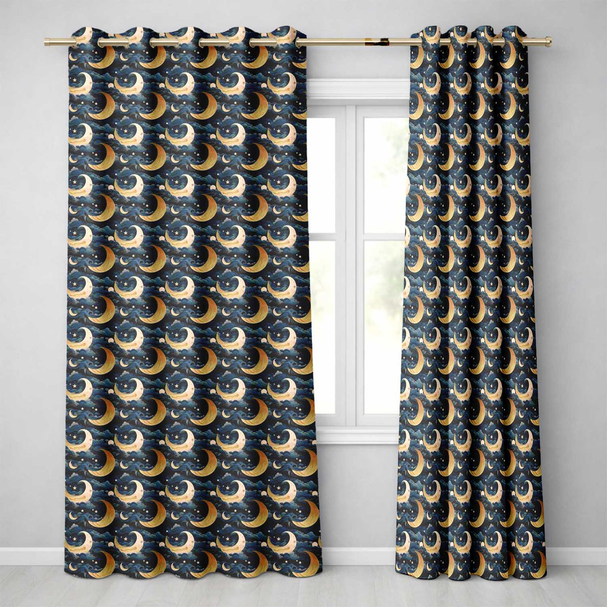 Golden Crescent Moon Ocean Waves Night Seamless Pattern Readymade Eyelet Ring Top Thermal 100% Blackout Curtains